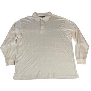 Andrew Fezza Men's Polo Shirt Long Sleeve XL Cream White Patterned Cotton Rayon